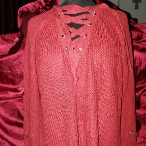 Red soft lace up v neck sweater.
